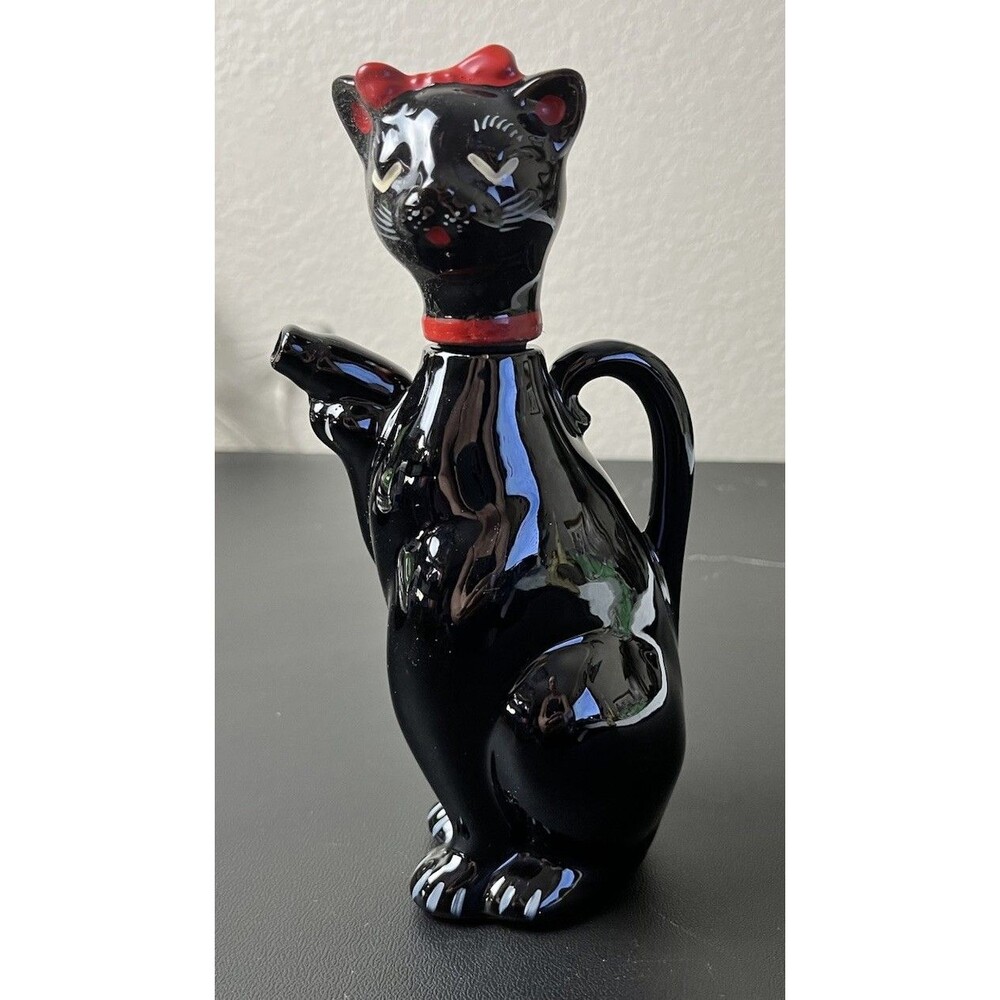 Vintage Shafford Japan Black Cat Pitcher Figural Ceramic 8.5” Red Collar #D